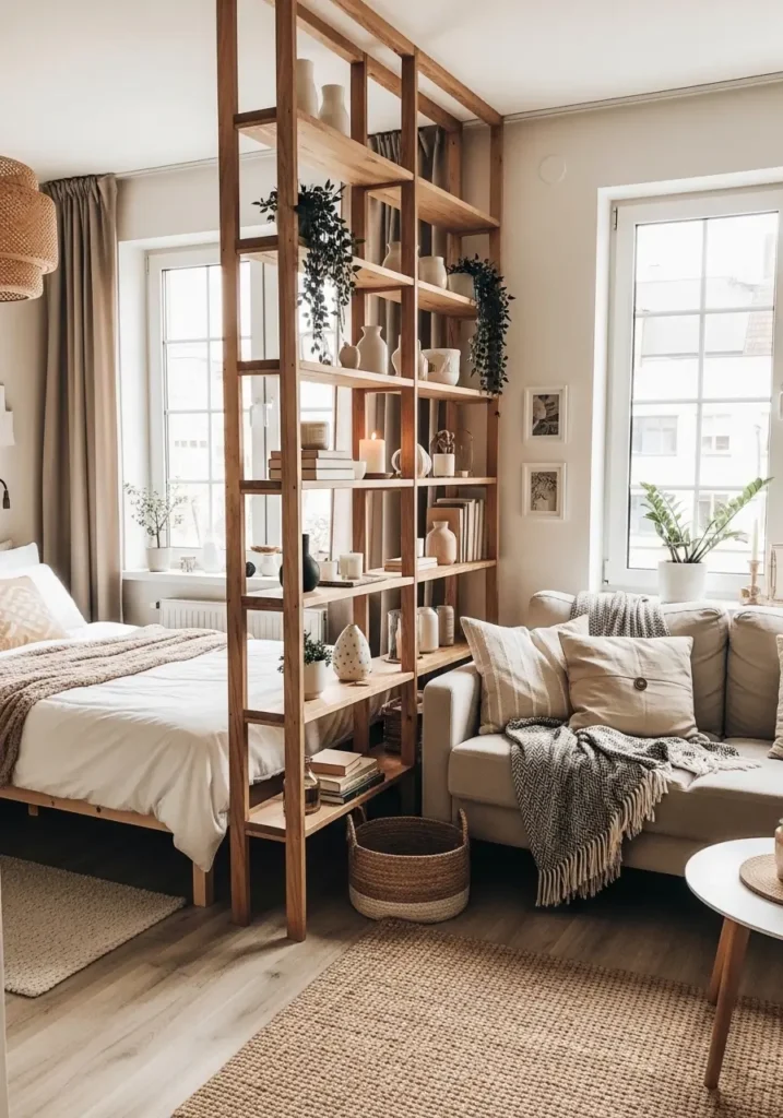 Bright studio apartment with wooden ladder shelf used as divider between bed corner and living area, shelves holding small plants, books, candles, ceramic decor, cozy neutral sofa nearby, woven rug, natural sunlight through large windows, soft warm tones, Pinterest style interior with relaxed layered textures and cozy small apartment atmosphere.

