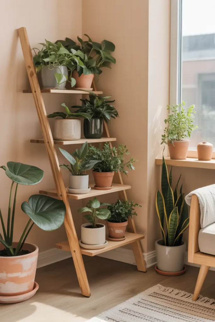 Small apartment living room corner styled with a wooden ladder plant stand leaning against a soft beige wall, several ceramic and terracotta pots placed on each tier with leafy plants like pothos and snake plants, warm sunlight entering through nearby window, light wood floor, cozy neutral rug, Pinterest style interior scene with calm textures and relaxed apartment atmosphere.