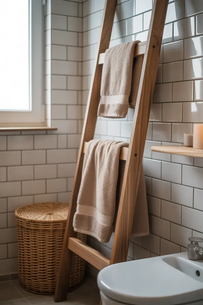 Cozy apartment bathroom with wooden ladder towel rack leaning gently against a white tile wall. Soft folded towels hang across ladder steps while a woven basket sits nearby. Light from a nearby window adds natural glow to warm wood tones and neutral bath textiles.