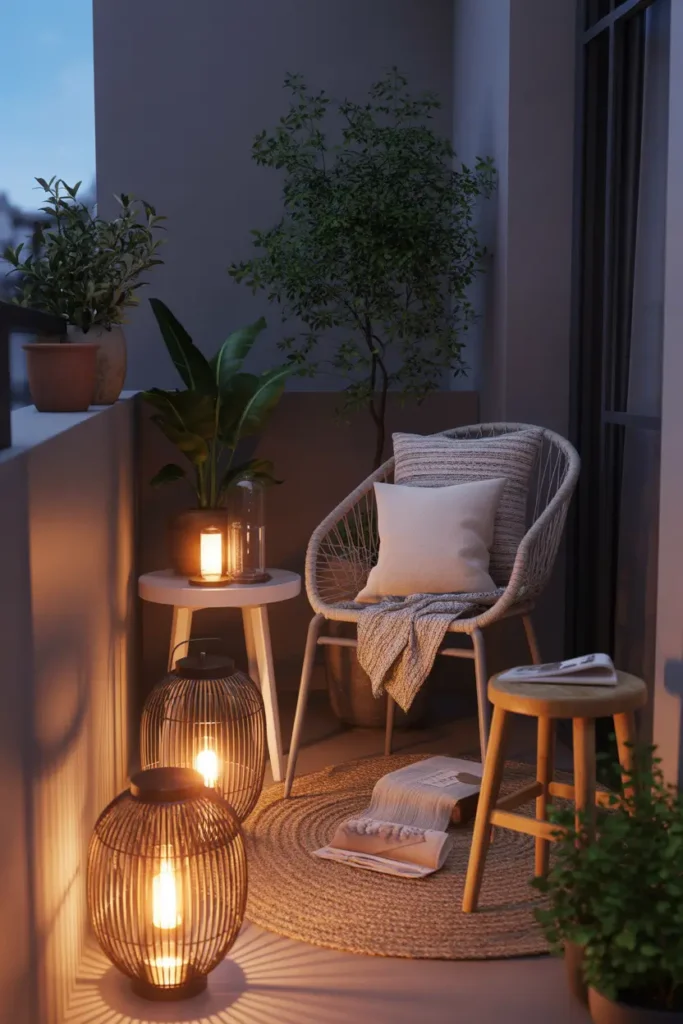 tiny apartment balcony corner with two to three lanterns in mixed sizes casting a soft warm glow, woven chair with cream cushion, textured throw, small jute rug, terracotta pots, leafy plants, light wood stool, soft nighttime mood, cozy feminine styling, realistic shadows, apartment balcony walls close together, intimate and inviting setup, warm layered lighting, stylish but simple decor, peaceful evening scene with natural lived-in detail