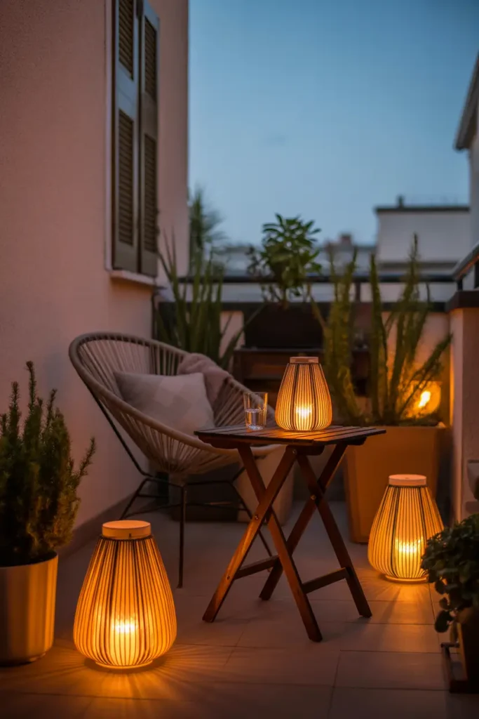 Evening apartment patio scene styled with warm glowing lanterns placed on balcony floor and small wooden table, cozy chair with blanket nearby, soft golden candlelight illuminating surrounding plants, deep evening sky in background, romantic relaxing outdoor atmosphere with warm textured lighting.
