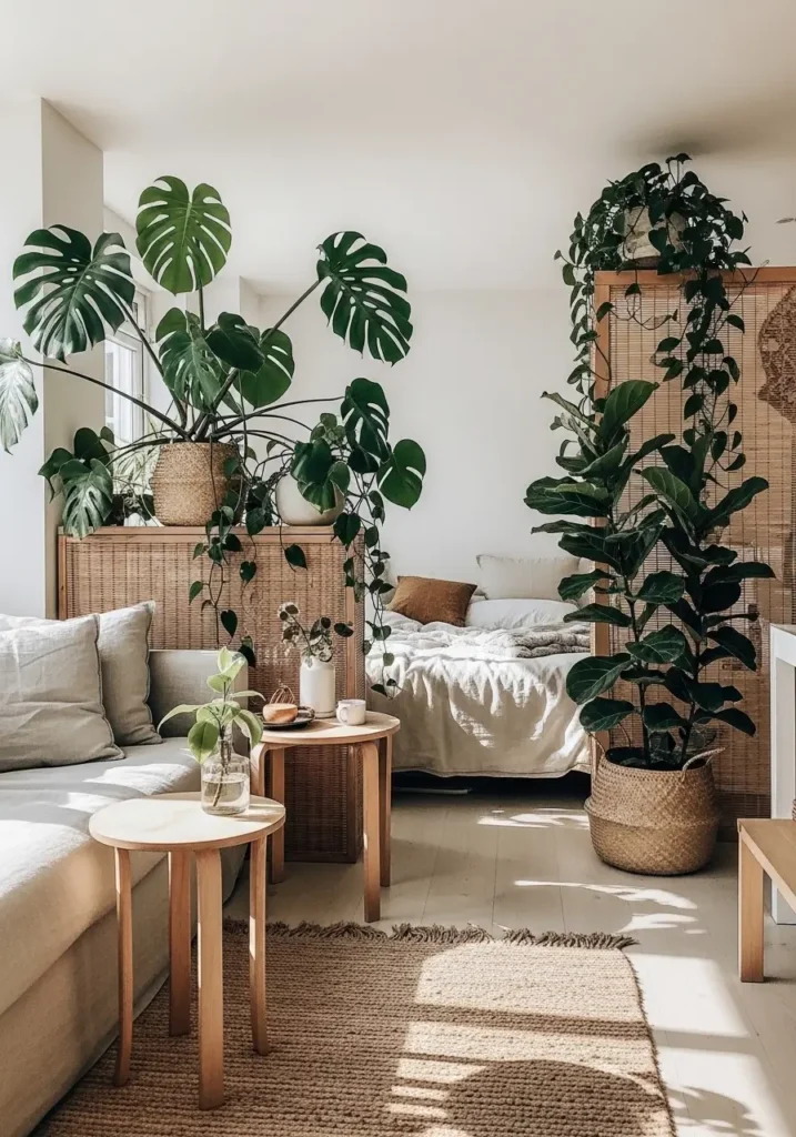 Modern studio apartment with vertical wood slat divider separating sleeping area from living room, warm oak tones, cozy neutral sofa, soft beige bedding, woven rug, floor lamp casting soft glow, minimal decor, natural light entering through large windows, Pinterest inspired interior styling with warm textures and relaxed modern atmosphere.

