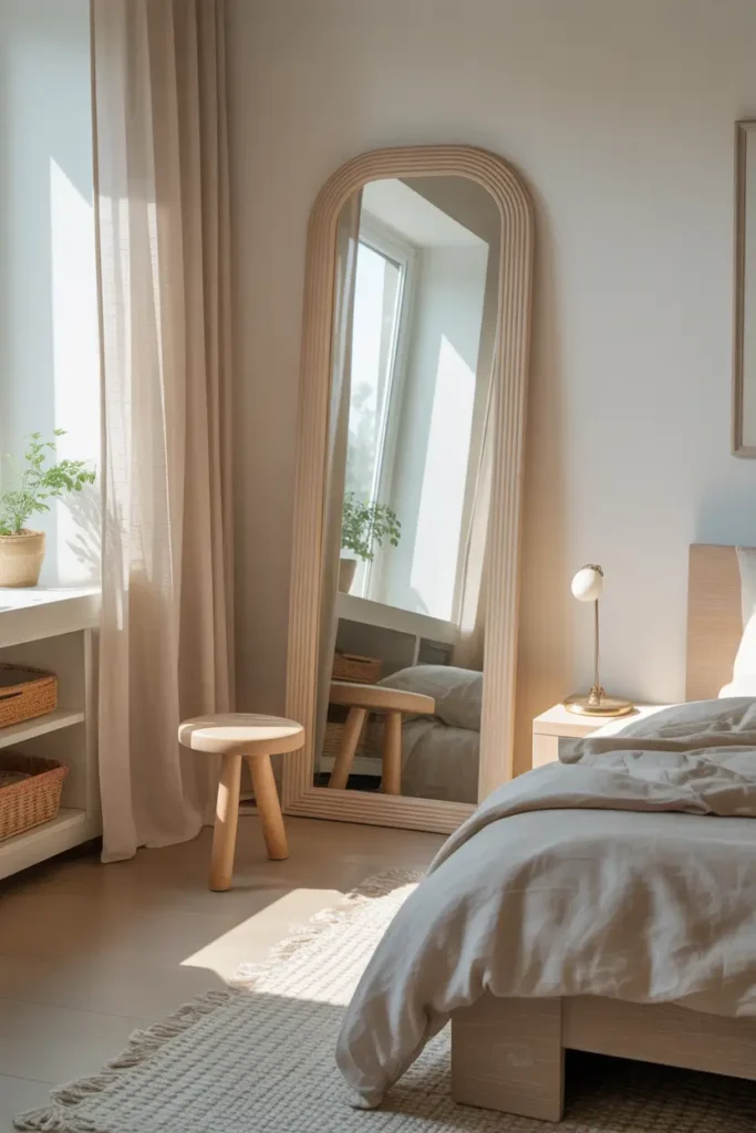 Micro studio apartment with tall leaning mirror placed against wall reflecting soft daylight from nearby window, light neutral furniture surrounding mirror including bed with linen bedding and small wooden stool, airy atmosphere with pale rug and soft curtains, realistic Pinterest-style interior showing bright and spacious feeling inside tiny room.