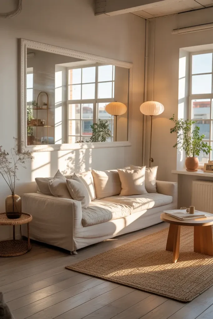 Loft apartment interior with oversized wall mirror reflecting bright windows, soft neutral sofa, pale wood floors, woven rug, natural sunlight filling space, airy modern loft styling, Pinterest interior photography with warm tones and cozy minimalist decor.