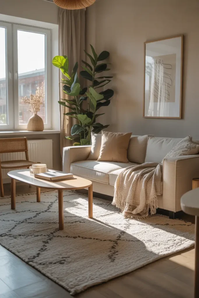 Small apartment living room styled with large neutral textured rug under sofa and coffee table, warm natural sunlight entering space, cozy layered textiles, minimalist Scandinavian styling