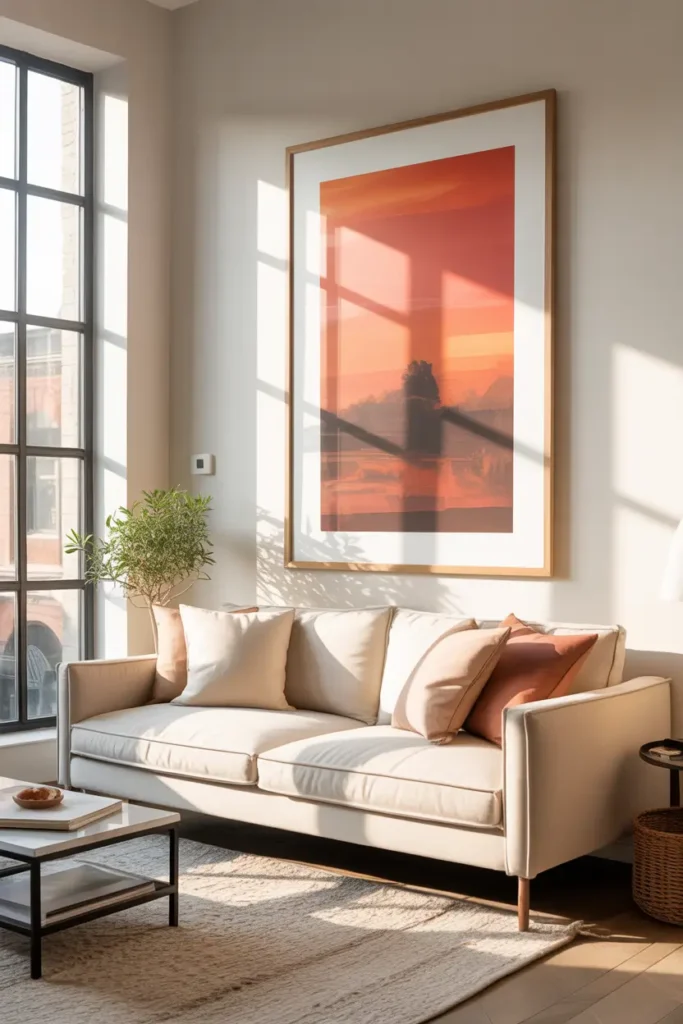 Modern apartment living room with single oversized art print centered on soft white wall, minimal wooden frame, cozy cream sofa beneath artwork, warm sunlight entering through large window, textured rug, neutral pillows, small indoor plant beside sofa, bright Pinterest style interior scene with calm elegant wall styling.