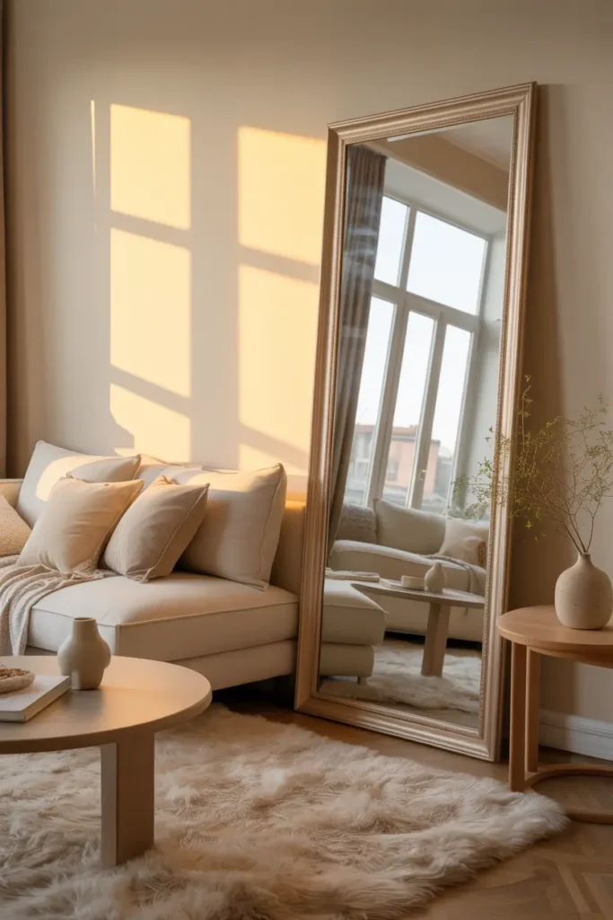 Elegant studio apartment corner with tall floor mirror leaning against wall, soft afternoon sunlight reflecting across cozy living area, light linen sofa with neutral pillows, round coffee table, fluffy textured rug, minimal feminine decor, warm golden light creating depth and reflection, stylish Pinterest interior photography showing mirror expanding small apartment space.