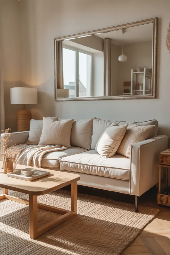Bright Pinterest-style apartment living room with large wall mirror above sofa, sunlight reflecting across room, neutral color palette with beige sofa and textured pillows, light wood coffee table, woven rug, cozy natural lighting, minimal decor styling, modern feminine apartment interior photography with airy and bright atmosphere.