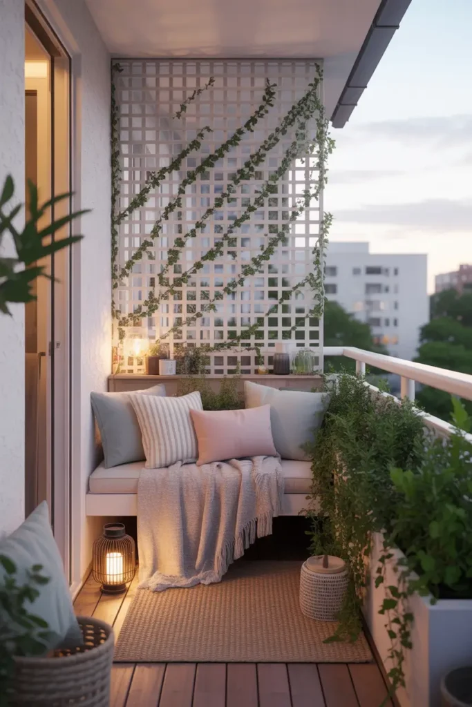 apartment balcony with white lattice privacy panel, delicate climbing greenery woven through the pattern, soft pastel cushions on a compact bench, lantern on floor, textured woven rug, light wood decking, warm soft daylight, subtle city apartment view beyond, feminine cozy styling, layered textures, fresh garden feeling, charming and private mood, realistic home decor details, natural shadows, calm outdoor nook designed for quiet home life