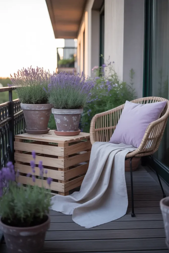 Peaceful apartment balcony styled with lavender plants in rustic clay pots placed on wooden crate table, small wicker chair with soft lavender colored cushion nearby, light linen blanket folded across seat, evening sunlight glowing softly across wood decking, gentle purple flowers moving in light breeze, calm romantic balcony atmosphere styled like cozy Pinterest outdoor nook.