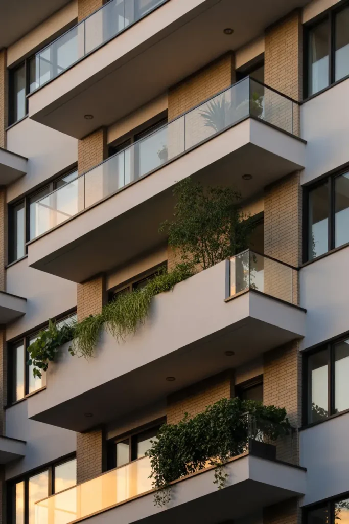 Apartment exterior with layered staggered balconies, neutral modern facade, glass balcony railings, balcony plants cascading slightly over edges, warm sunset lighting casting shadows on building layers, sleek urban architecture, realistic Pinterest inspired architectural photography with soft evening glow.