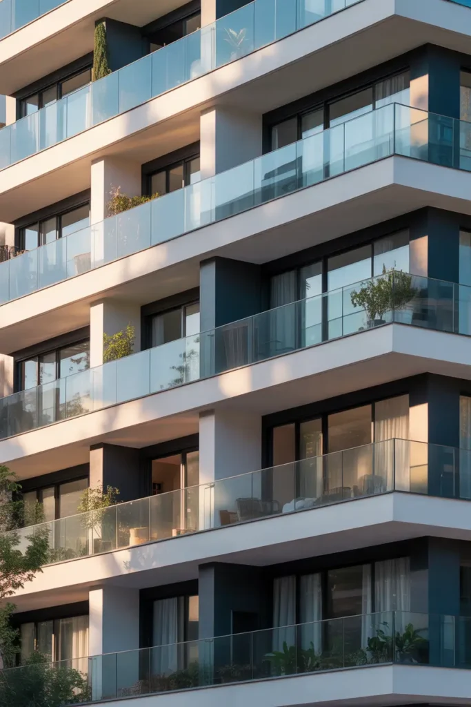 Modern apartment building with staggered balconies creating layered depth, neutral white and grey exterior palette, glass railings with small plants, soft morning light casting shadows across layers, contemporary architecture photographed in realistic Pinterest style with cozy urban lifestyle mood.