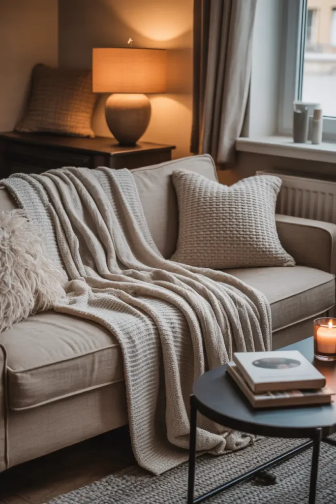 Tiny apartment sofa styled with multiple cozy blankets, soft neutral tones, second hand fabric couch with knitted throws layered casually, textured pillows, warm afternoon light through window, relaxed lived in aesthetic, simple coffee table with books and candle, cozy budget apartment styling, Pinterest style interior photography.