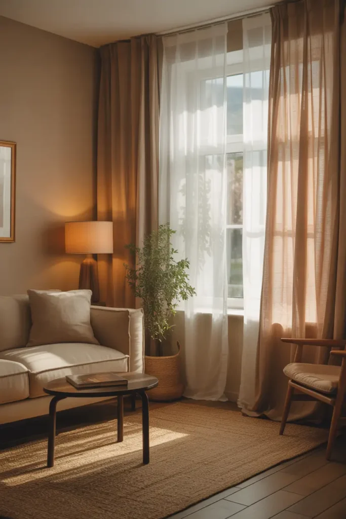 Bright warm apartment living room with layered sheer curtains and soft linen drapes, sunlight gently passing through fabric, beige sofa nearby, woven rug, warm wooden furniture, calm neutral wall colors, airy Pinterest style apartment interior with soft natural lighting and cozy relaxed atmosphere.