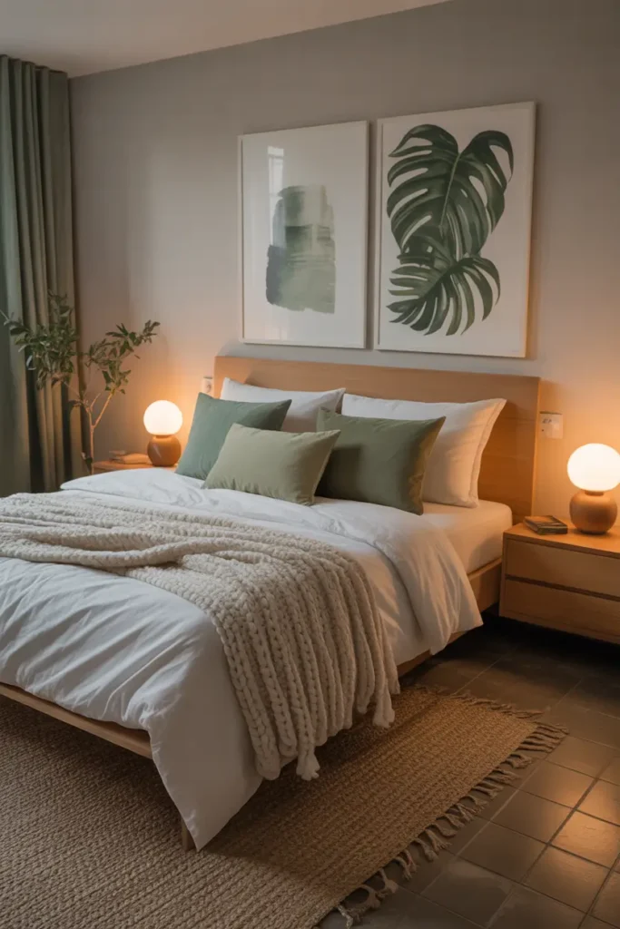 bedroom with layered green pillows in multiple shades, white bedding, soft knit blanket, wooden headboard, warm bedside lighting, textured rug, cozy feminine apartment bedroom with calm peaceful feeling.