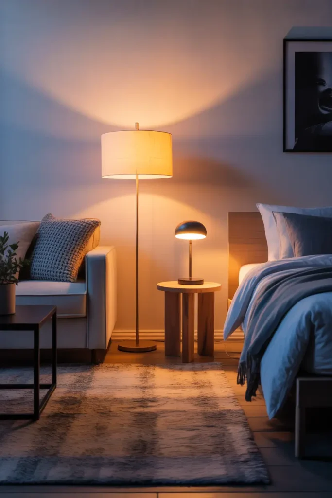 Cozy modern apartment interior showcasing layered lighting setup with floor lamp, bedside lamp, warm ambient glow, soft shadows across textured rug, neutral sofa, wooden side tables, evening atmosphere, Pinterest style realistic photography, masculine yet cozy styling, balanced light sources creating depth, modern bachelor apartment vibe with inviting comfortable mood and detailed lighting textures.