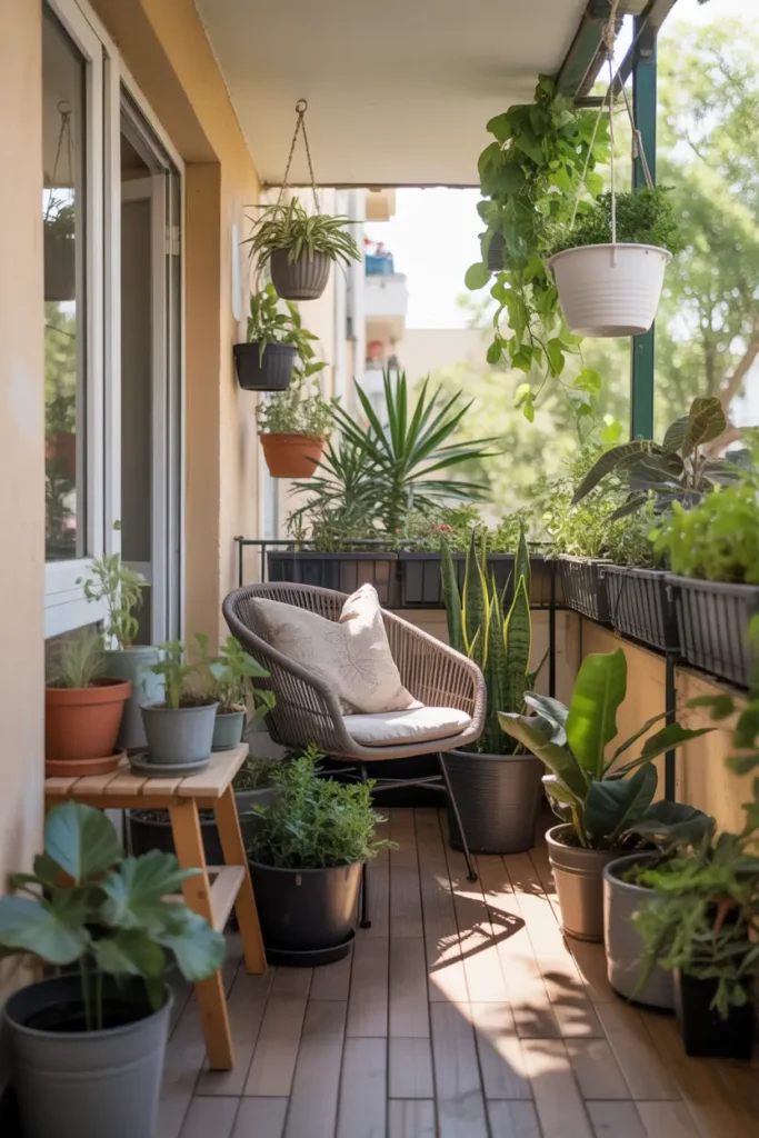 Small apartment balcony filled with layered plants at different heights, hanging planters, floor pots, and railing planters creating lush greenery, cozy chair with neutral cushions placed among plants, wooden floor tiles and warm sunlight filtering through leaves, vibrant Pinterest style balcony patio garden atmosphere.