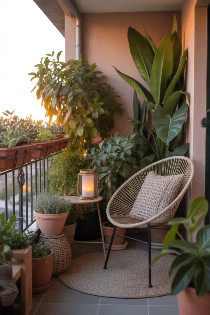 Apartment balcony corner filled with layered potted plants in different heights, terracotta and ceramic planters placed near railing, cozy woven chair with textured pillow, small side table with candle lantern, golden sunset light touching leaves, calm Pinterest balcony garden aesthetic with lush greenery and soft warm tones.