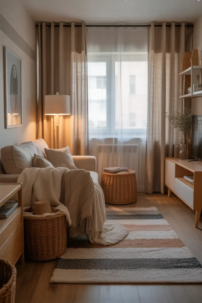 small apartment living room featuring layered neutral rugs, cozy sofa with soft cushions, warm natural lighting through sheer curtains, textured fabrics, light wood furniture, airy layout with calm tones, realistic interior photography showing cozy atmosphere, balanced composition highlighting soft zoning technique in compact apartment living room.