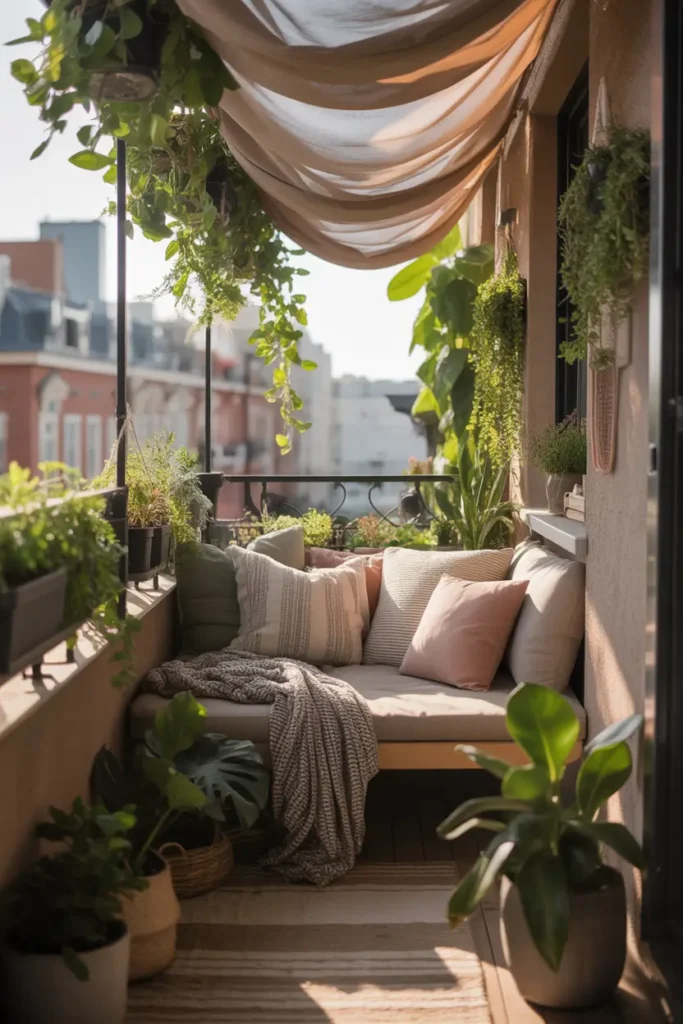 small apartment balcony with layered shade setup using soft overhead fabric and lush potted plants, hanging greenery, slim bench with neutral cushions, textured throw, soft sunlight filtering through leaves, warm organic tones, realistic balcony railing, cozy feminine styling, natural materials, peaceful city apartment mood, layered textures and shadows, Pinterest-inspired outdoor nook with rich greenery and inviting calm atmosphere