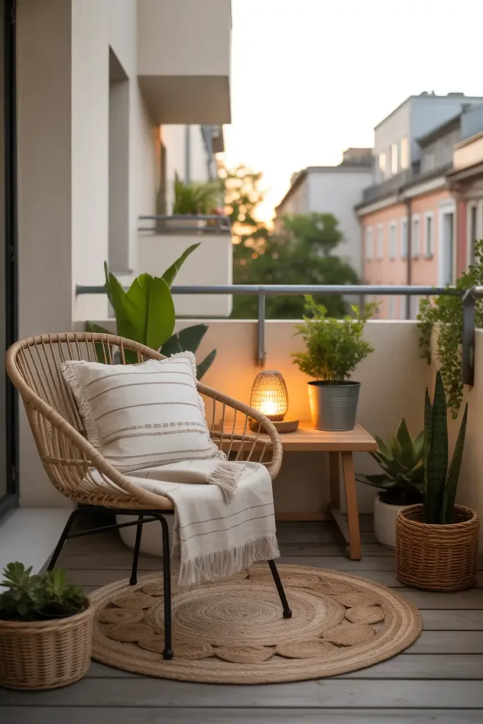 Pinterest inspired small apartment patio styled with woven outdoor rug, rattan chair with linen cushion, small wooden table, textured planters and soft neutral fabrics, warm golden hour lighting illuminating balcony, cozy layered textures creating inviting relaxing outdoor space.
