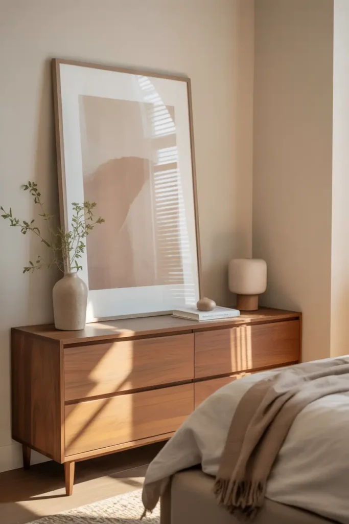 Modern Pinterest style apartment bedroom with large framed artwork leaning casually against wall above dresser, soft beige wall, warm wood dresser with minimal decor, ceramic vase and small lamp, natural sunlight entering through window, cozy relaxed apartment styling with simple elegant atmosphere.