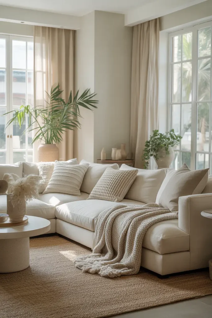 small apartment living room styled in soft neutral tones, light beige sofa, cream textured rug, sheer curtains glowing with natural sunlight, minimal decor, layered cushions, airy Scandinavian aesthetic, realistic interior photography showing bright calm atmosphere, warm soft lighting, cozy textures emphasizing spacious feeling created through light color palette.