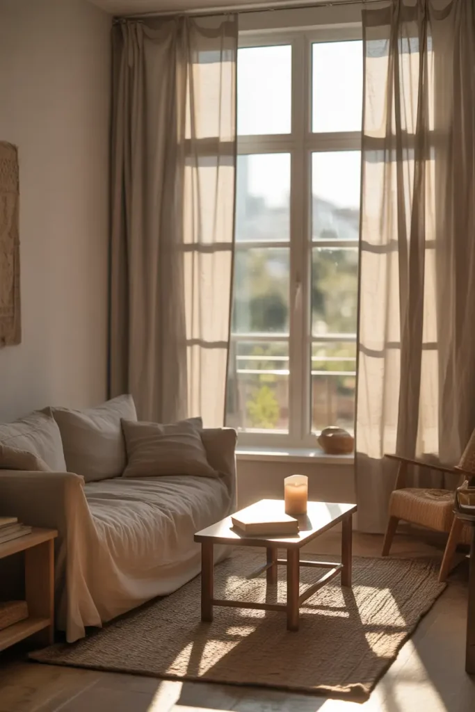Bright Pinterest-style apartment living room with large window covered by light linen curtains, soft sunlight glowing through fabric, cozy neutral sofa, woven rug, small wooden coffee table with books and candle, airy relaxed styling, warm daylight filling room, natural textures, calm minimalist apartment atmosphere with soft shadows and gentle light.
