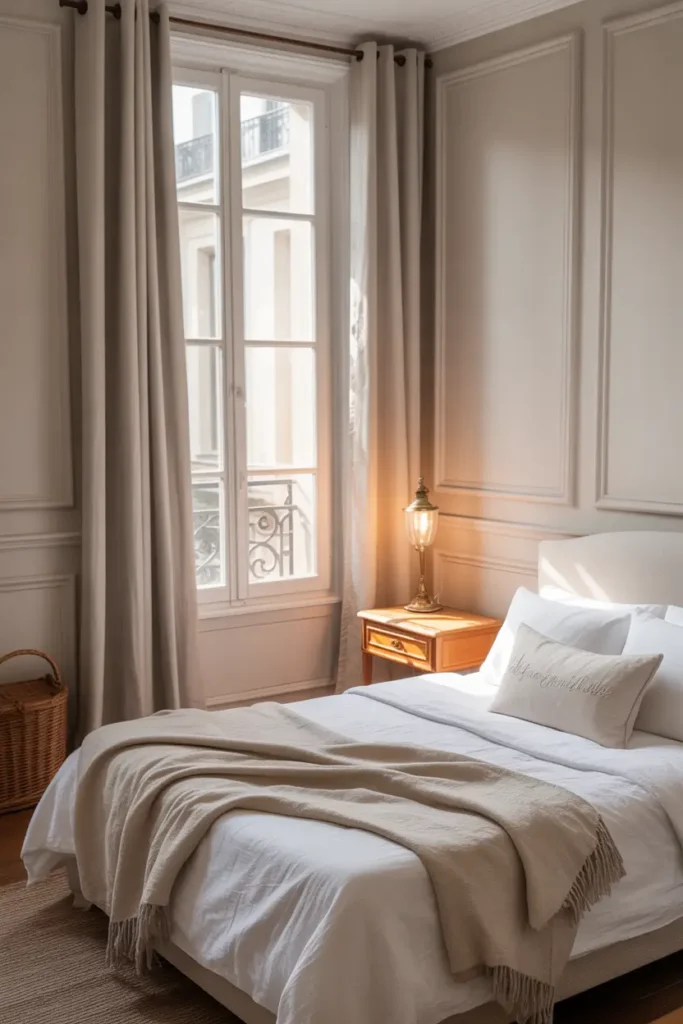 Tiny Parisian bedroom with white linen bedding, light wooden bedside table, vintage brass lamp, soft flowing curtains near tall window, pale neutral walls with decorative molding, cozy layered blankets, natural morning light filling the room, delicate feminine styling, Pinterest worthy Paris apartment aesthetic with calm textures and warm tones.
