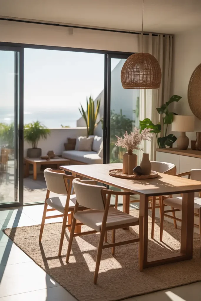 Modern apartment dining space placed near balcony doors, wooden dining table with soft linen chairs, natural sunlight pouring through glass doors, balcony visible with plants and small seating area, neutral interior palette, ceramic decor pieces, woven textures, cozy stylish Pinterest apartment interior with airy atmosphere.