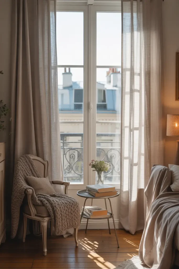 Bright Paris apartment window with tall white frames, sheer linen curtains gently flowing, soft sunlight filling small living space, nearby vintage chair with knitted throw, small side table with books and flowers, warm wooden floor, peaceful cozy apartment atmosphere, soft neutral palette, Pinterest style home interior.