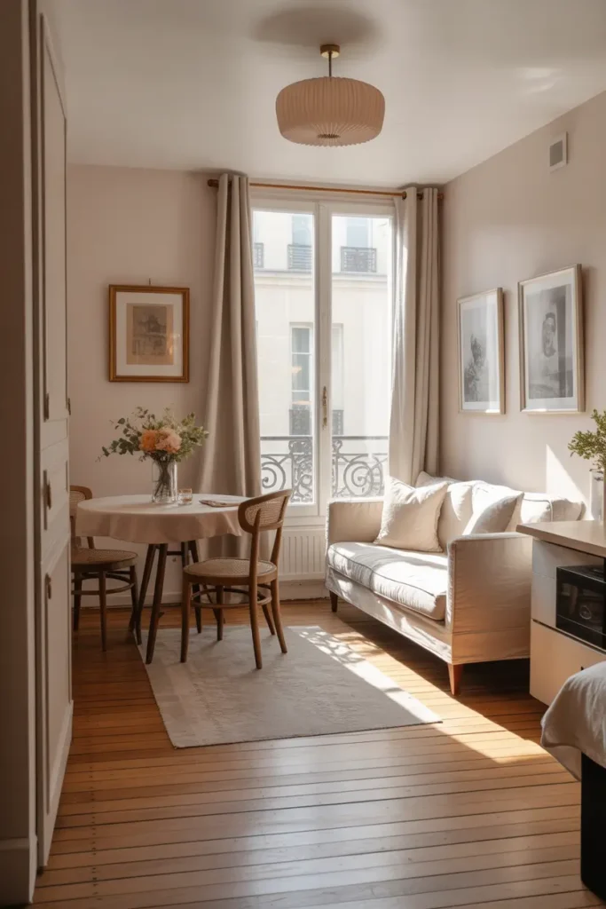 Tiny Parisian studio apartment with open layout, linen sofa near window, small dining table, soft neutral palette, pale wood floors, vintage framed art, warm natural sunlight filling the space, cozy feminine Paris apartment styling captured in Pinterest photography.