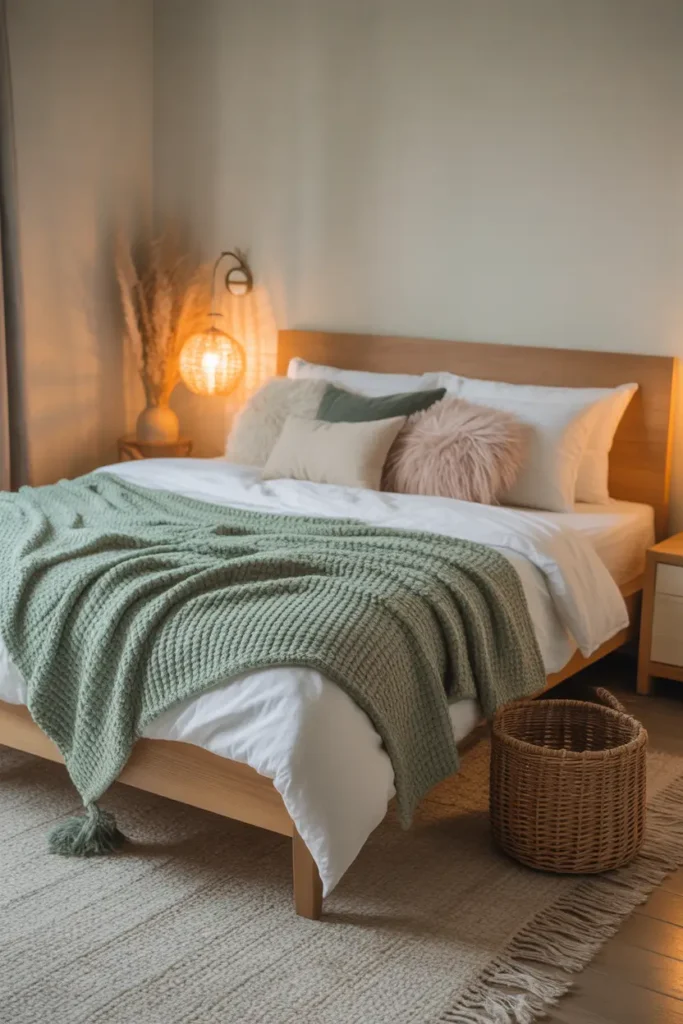 Cozy Pinterest-style bedroom with soft green textured throw blanket across white bed, fluffy pillows, wooden bed frame, warm bedside lighting, neutral walls, woven basket beside bed, soft rug underfoot, peaceful feminine apartment bedroom atmosphere.