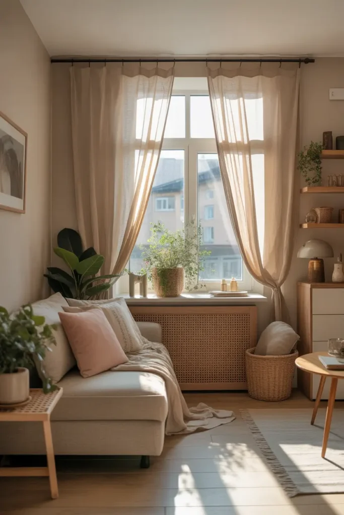 Small apartment window with flowing linen curtains, warm sunlight softly glowing through fabric, cozy sofa nearby with pastel pillows, light wood floor, neutral decor tones, calm airy apartment interior styled