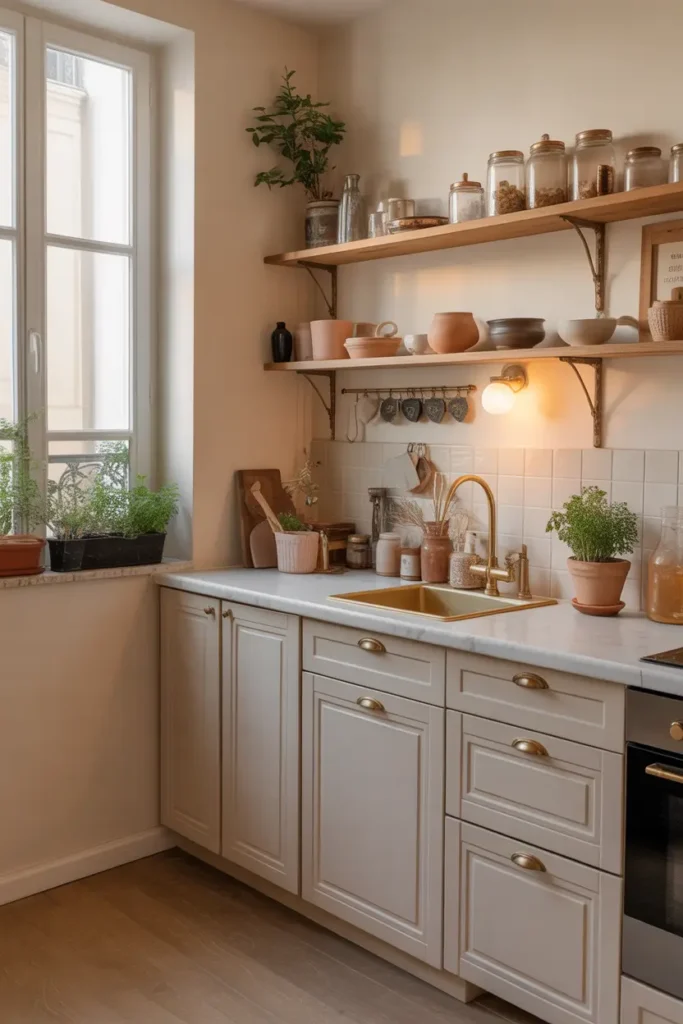 Small Parisian apartment kitchen with white marble countertop, pale cabinets with brass handles, open wooden shelves displaying glass jars and ceramics, soft morning light from nearby window, warm neutral palette, tiny potted herbs near sink, light oak flooring, cozy feminine Paris apartment styling captured in Pinterest style photography.