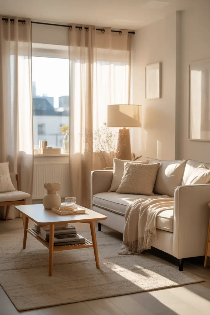 small apartment living room with neutral color palette, warm white walls, beige sofa, soft textured cushions, light wood coffee table, sheer curtains filtering sunlight, cozy layered textiles, Scandinavian-inspired styling, realistic natural lighting, airy atmosphere, uncluttered layout emphasizing calm and spacious feeling.