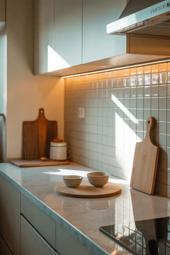 Pinterest-style apartment kitchen featuring glossy white tile backsplash reflecting warm kitchen lighting, marble countertop with small ceramic bowls and wooden cutting board, soft neutral cabinets, natural sunlight entering from nearby window, cozy modern kitchen styling with bright reflective surfaces and calm welcoming atmosphere.