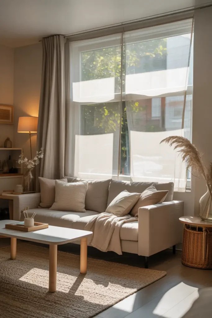 Pinterest-style small apartment living room with large window dressed in sheer white curtains, sunlight softly glowing through fabric, neutral sofa with cozy pillows, light wood coffee table, warm beige rug, soft natural lighting filling the room, calm feminine decor styling, airy modern apartment interior photography with gentle textures and bright open feeling.