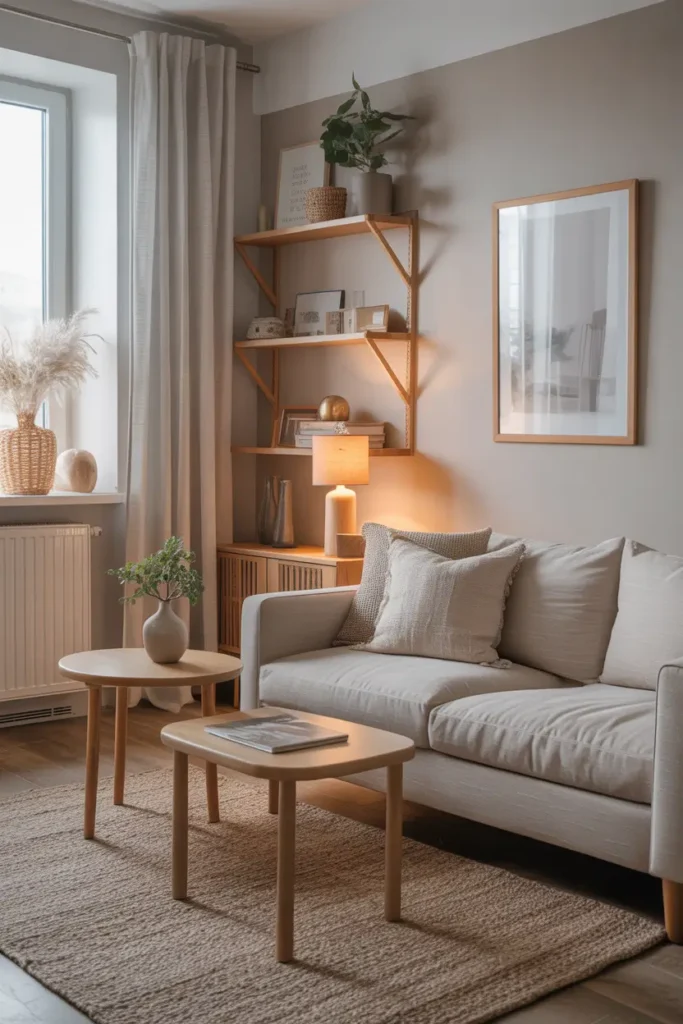 Small apartment living room with light wood accents including side table and shelving, neutral sofa, soft woven textures, warm daylight filtering through window, Scandinavian-inspired styling