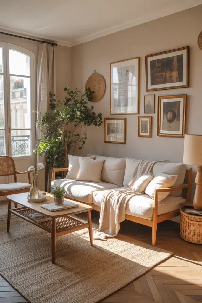 Parisian apartment living space with light oak furniture, linen sofa, woven rug, warm sunlight filling the room, vintage framed art, cozy feminine interior styling captured in Pinterest photography with soft neutral tones.