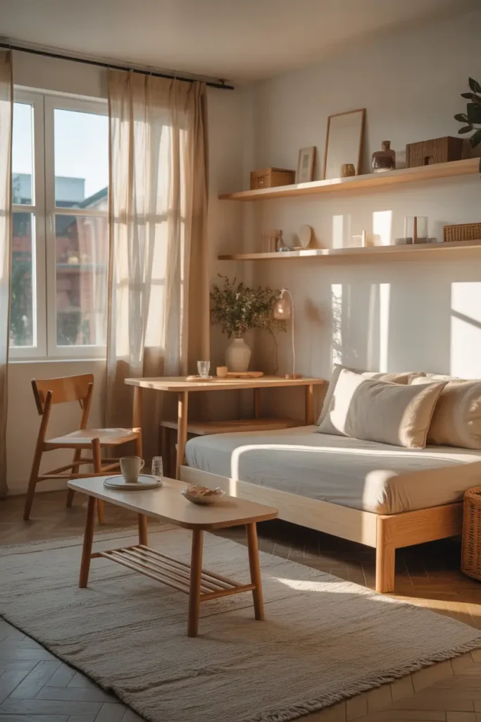 Tiny micro studio apartment styled with light wood furniture including slim coffee table, simple bed frame, floating shelves, and small dining table, white walls reflecting soft natural light, linen curtains by window, cozy neutral rug layered on floor, warm sunlight filling minimal yet inviting small apartment interior scene for Pinterest home decor inspiration.