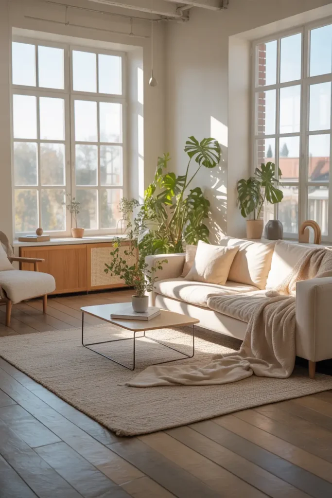 Bright loft apartment interior with pale oak wood floors, soft neutral furniture, large windows, cozy throw blankets, minimal coffee table, indoor plants near sunlight, warm natural lighting, Pinterest style airy loft decor photography.