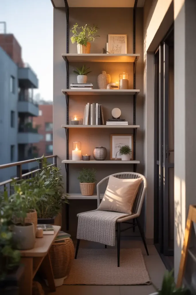 small apartment balcony with wall shelves softly lit by warm hidden lighting, tiny ceramic planters, stacked books, candle holders, woven textures, compact chair with beige cushion, textured rug, cozy evening atmosphere, realistic apartment setting, warm shadows, feminine modern decor, layered styling, narrow balcony design, soft city background, inviting and polished outdoor nook with decorative shelf focus