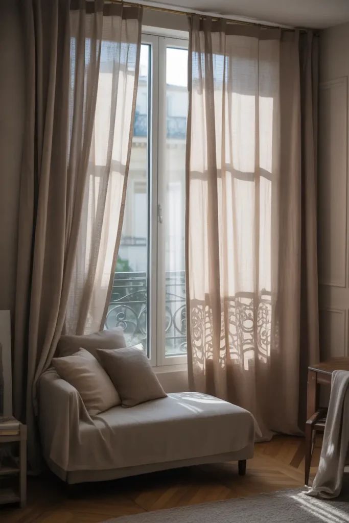 Paris apartment window dressed with long linen curtains, soft sunlight flowing through fabric, small sofa placed near window with neutral pillows, light wooden flooring, gentle breeze moving curtains slightly, calm feminine apartment atmosphere, airy elegant interior scene, Pinterest photography style.
