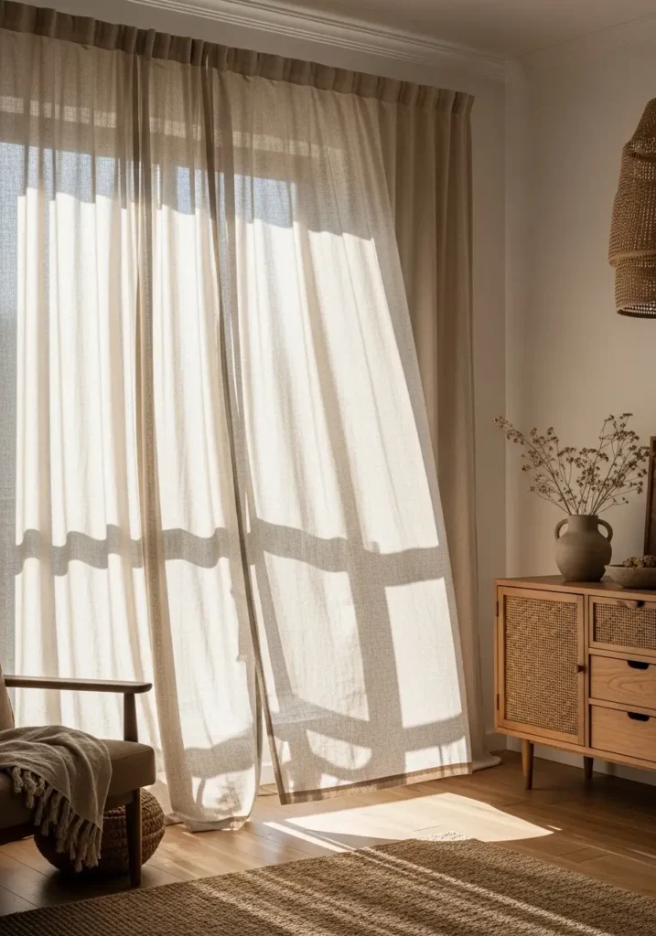 Earthy apartment window with flowing linen curtains softly moving in warm sunlight, wooden floors, potted olive tree beside window, neutral sofa with clay colored cushions, woven rug and ceramic decor, calm natural lighting filling cozy apartment interior styled for Pinterest earthy aesthetic.