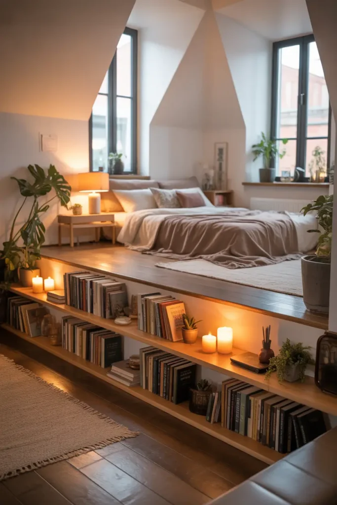 Small loft apartment with bookshelf built along edge of loft platform, warm wooden shelves filled with books, plants, candles, soft lighting, cozy bed nearby with neutral bedding, airy high ceiling loft space, natural sunlight through tall windows, Pinterest style realistic interior photography capturing smart use of loft railing space.