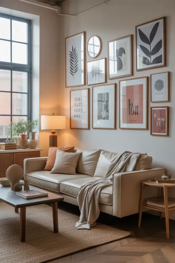 Cozy loft apartment wall with curated gallery of framed art prints, neutral frames, warm wood furniture nearby, soft natural light from tall windows, Pinterest style interior photography with artistic cozy mood.