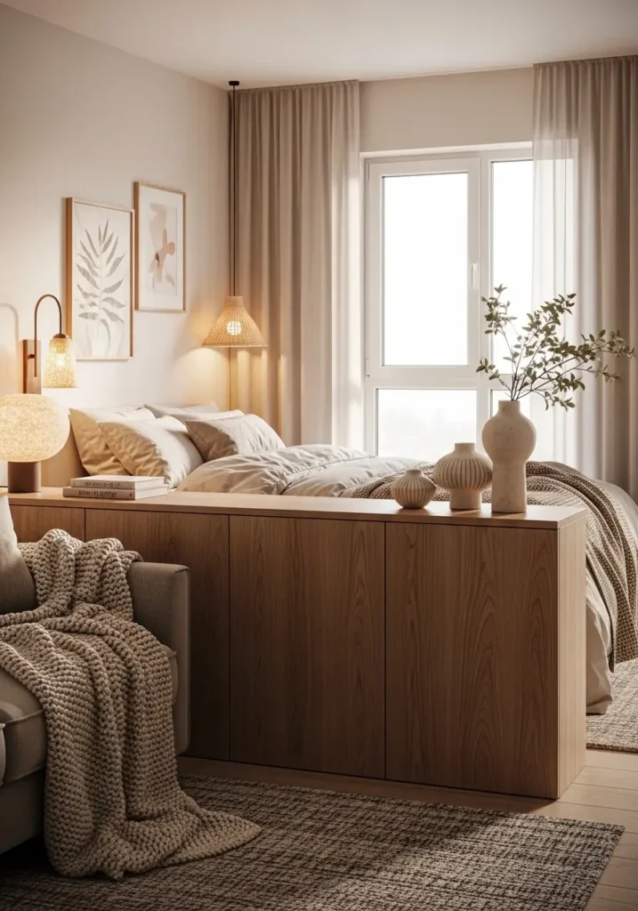 Modern studio apartment with low wooden cabinet divider separating bedroom nook from living area, neutral sofa with knit blanket, bed with linen bedding behind cabinet, small ceramic decor pieces placed on top surface, textured rug, warm lighting, sunlight through tall window, Pinterest style cozy apartment interior with soft natural tones and calm styling.


