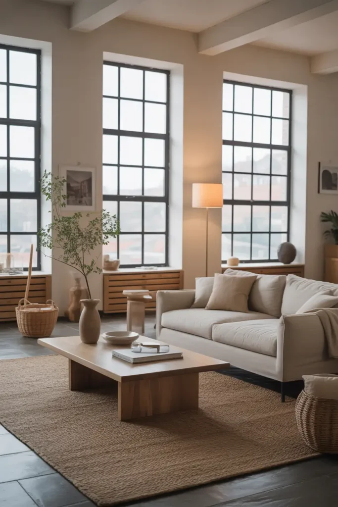 Modern loft living room with low profile wooden coffee table, cozy neutral sofa, soft woven rug, tall windows, airy interior layout, Pinterest style photography with natural daylight and relaxed atmosphere.