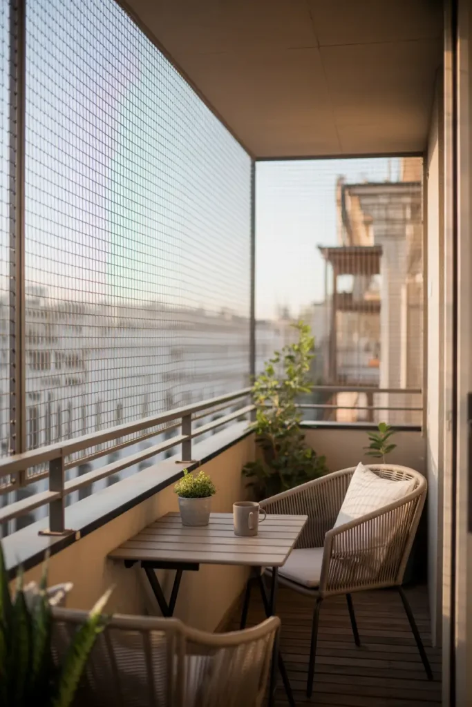 apartment balcony with magnetic mesh screen panels attached to railing and ceiling frame, soft morning sunlight filtering through mesh texture, small wooden bistro table with coffee mug, cozy woven chair, potted plants placed around edges, light neutral tones, calm urban apartment atmosphere with gentle shadows and airy feeling.